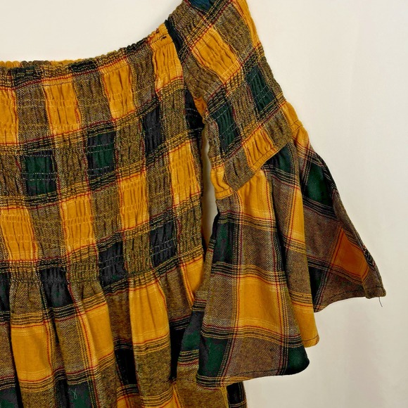 Taxi Women's Plaid Baby Doll Mini Dress Brown Gold Bell Sleeve Large - Picture 2 of 7